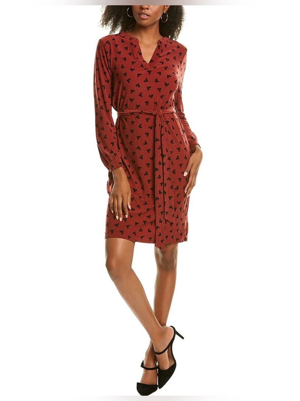 Anne Klein M Sienna brown-black classic stretch comfort midi belted shift dress